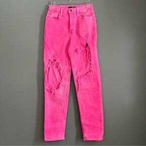 Fashion Nova - Neon Pink High-Rise Distressed Mom Denim Jeans - Size 7 (W27)